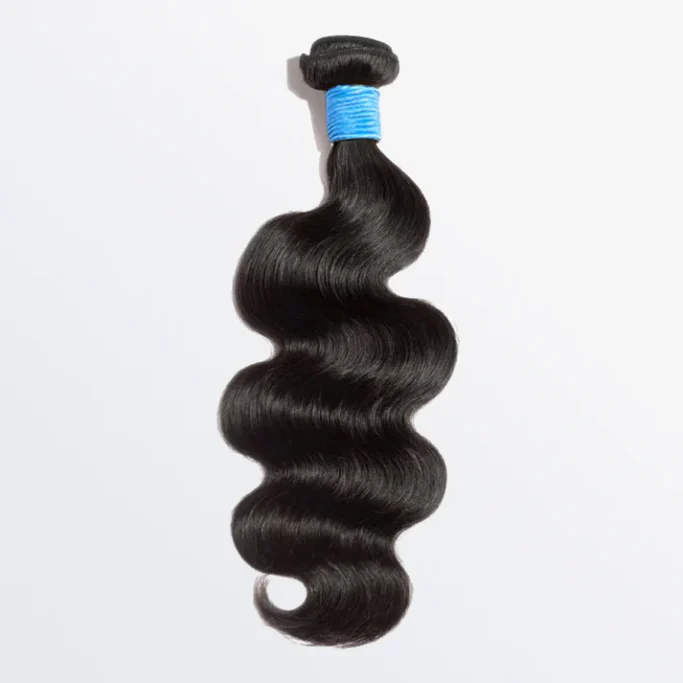 Luxury Body Wave A smooth, wavy strand of black hair with a blue band at the top.