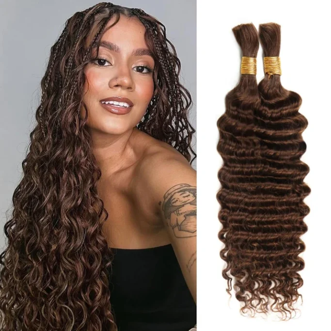 Bulk Braiding Human Hair Woman with long, wavy brown hair alongside bundles of similar textured hair extensions.